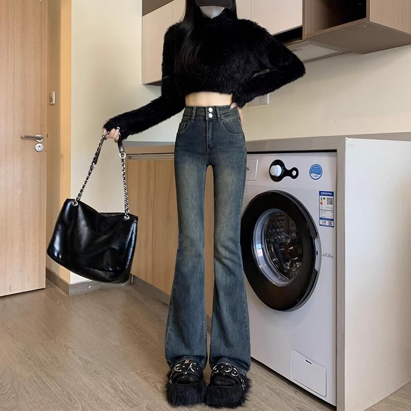 Black-gray Brushed Bootcut Skinny Jeans