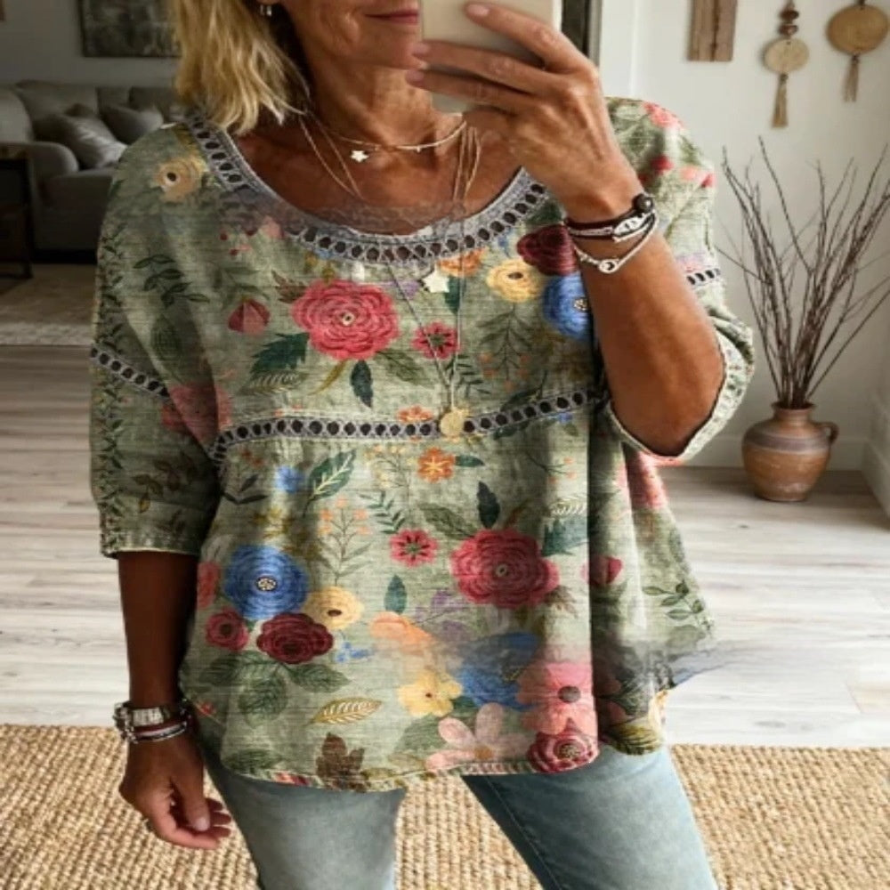 Women's Crew Neck Top With 3D Floral Print