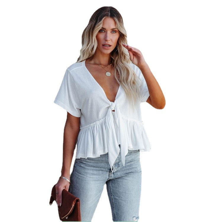Solid-color Patchwork Loose-fit Short-sleeve Top With Tie Details And A Ruffled Hem