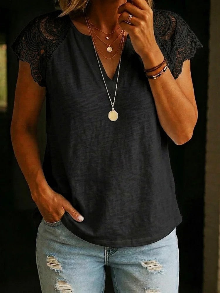 Women's Casual Lace-Patchwork Cotton V-Neck Shirt