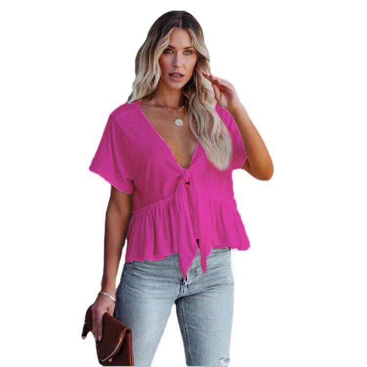 Solid-color Patchwork Loose-fit Short-sleeve Top With Tie Details And A Ruffled Hem