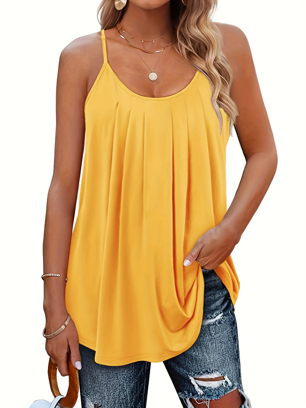 Women's Casual Summer Pleated Round Neck Keyhole Loose Top