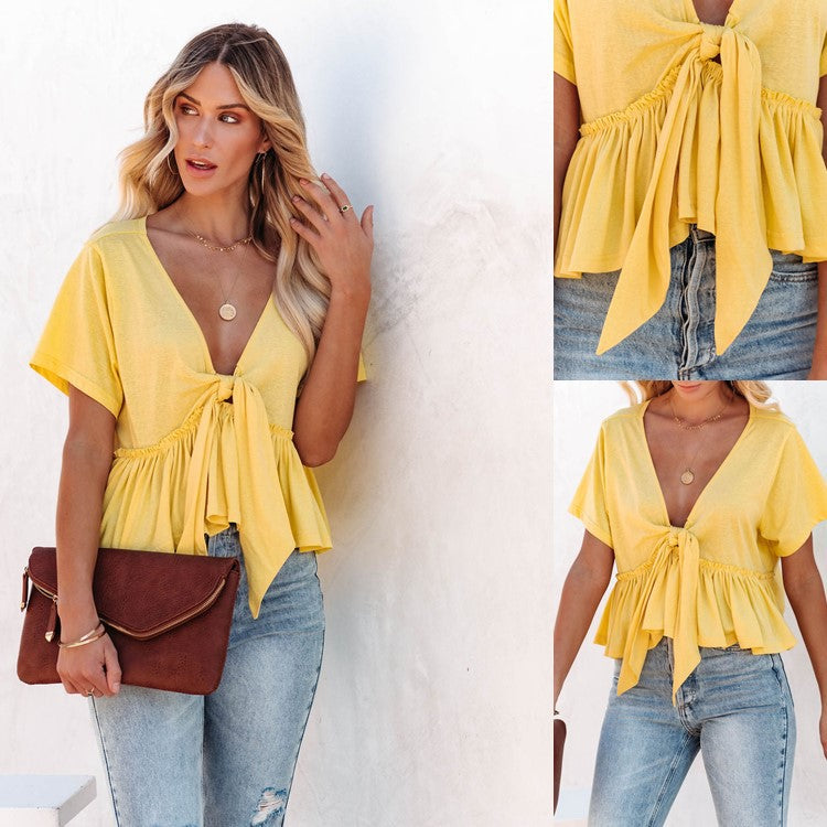 Solid-color Patchwork Loose-fit Short-sleeve Top With Tie Details And A Ruffled Hem