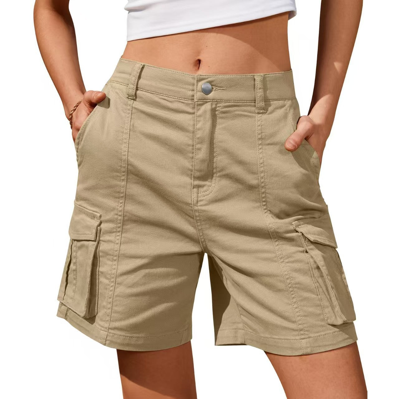 Womens Solid-Colored Casual Pants With Three-Dimensional Pockets And Buttons