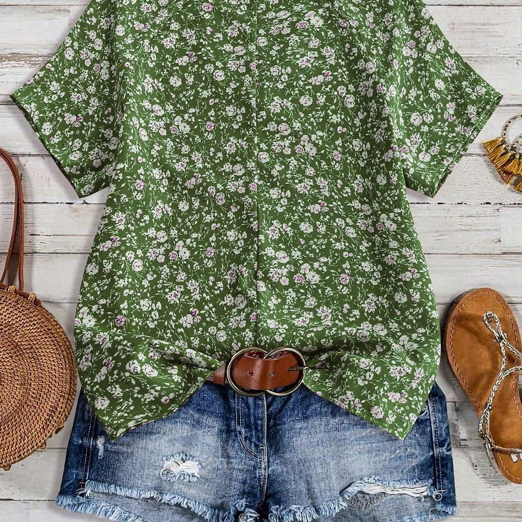 European And American Women's V-neck Short-sleeve Green Floral Casual