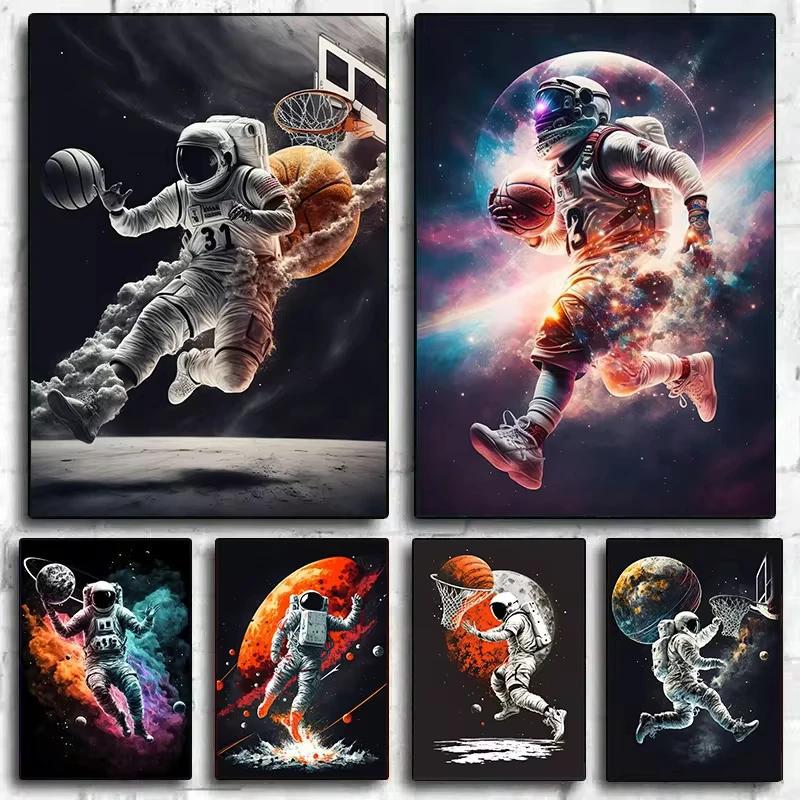 Colorful Poster Of Astronauts Playing Basketball In Space