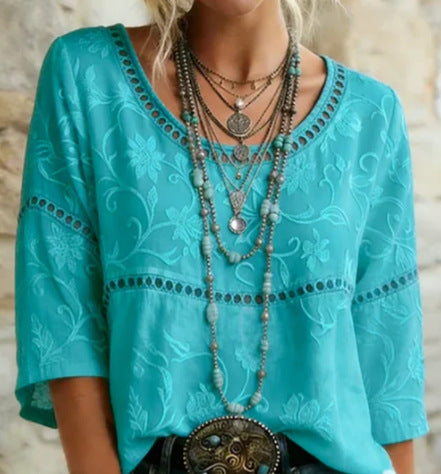Women's Crew Neck Top With 3D Floral Print