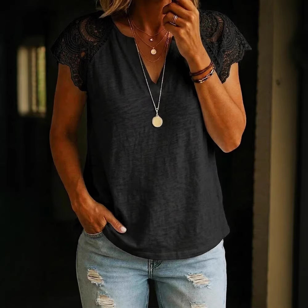 Women's Casual Lace-Patchwork Cotton V-Neck Shirt