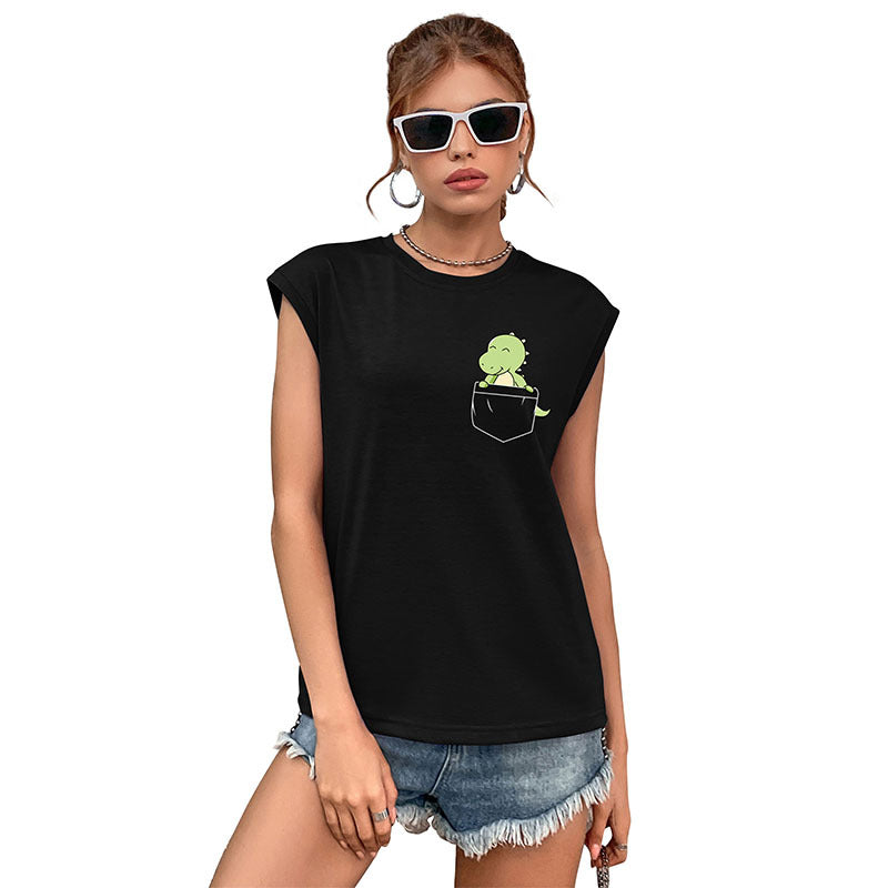 Summer European And American Style Tank Top Crew Neck Solid Color Womens T-shirt