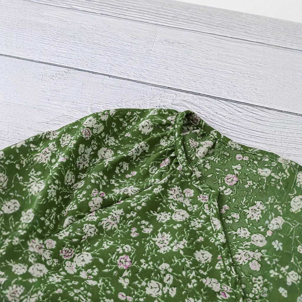 European And American Women's V-neck Short-sleeve Green Floral Casual