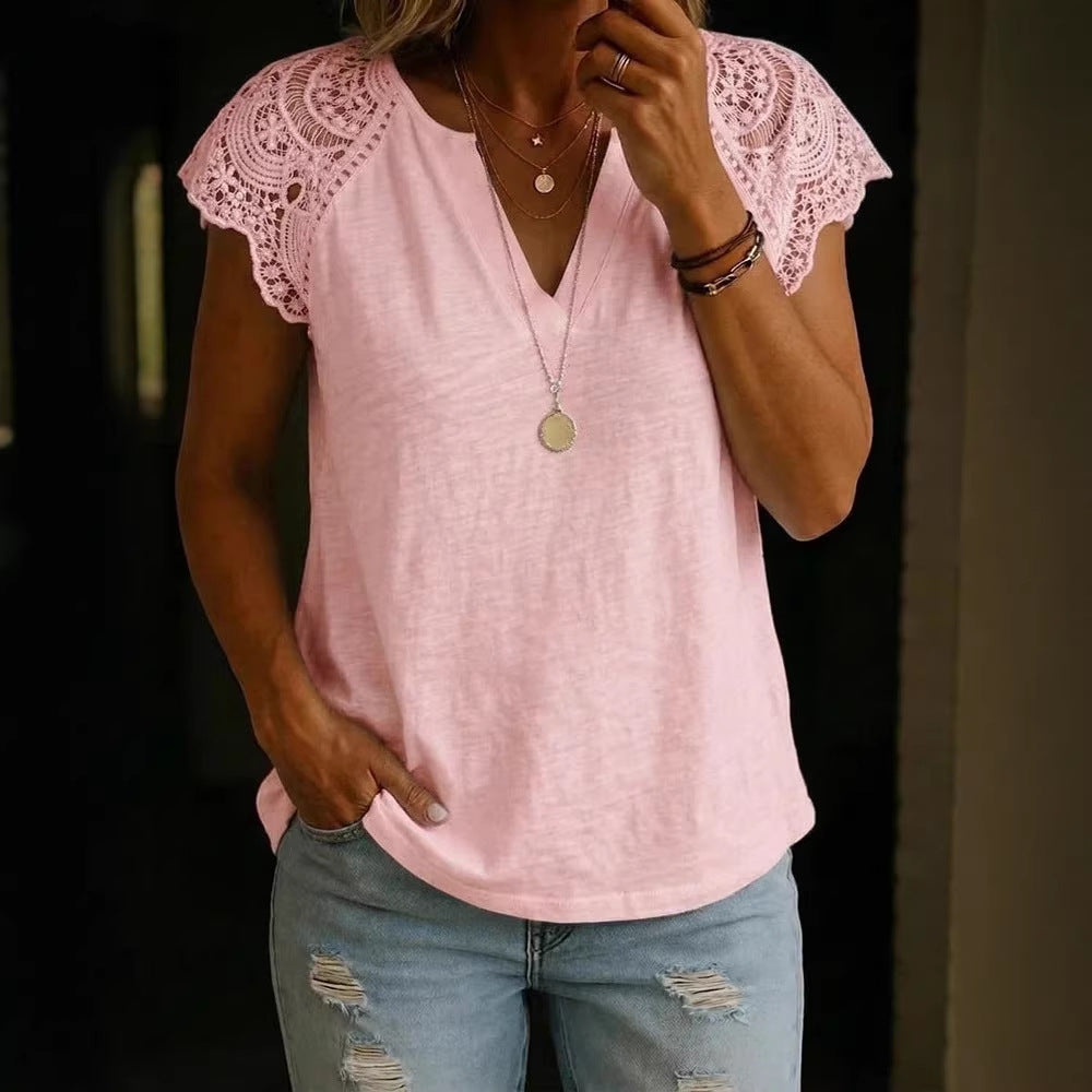 Women's Casual Lace-Patchwork Cotton V-Neck Shirt