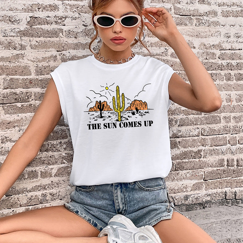 European And American-style T-shirt Vest With A Crew Neck And Trendy Print