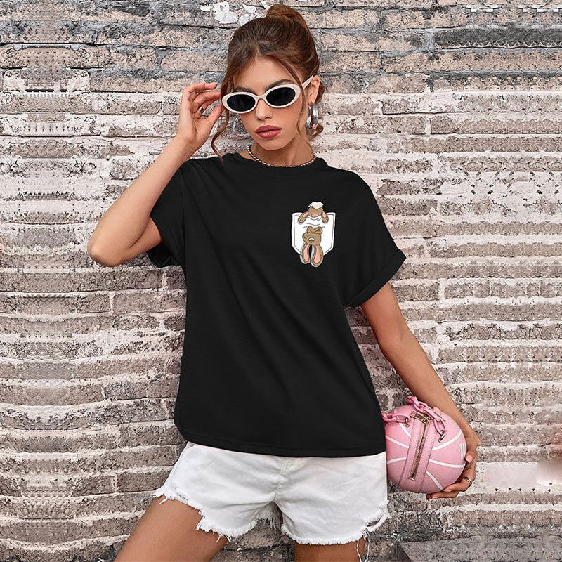 Summer European And American-style Womens Clothing Crew-neck Printed Top Short-sleeve T-shirt