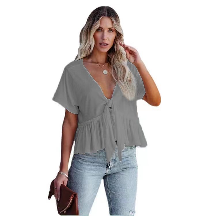 Solid-color Patchwork Loose-fit Short-sleeve Top With Tie Details And A Ruffled Hem