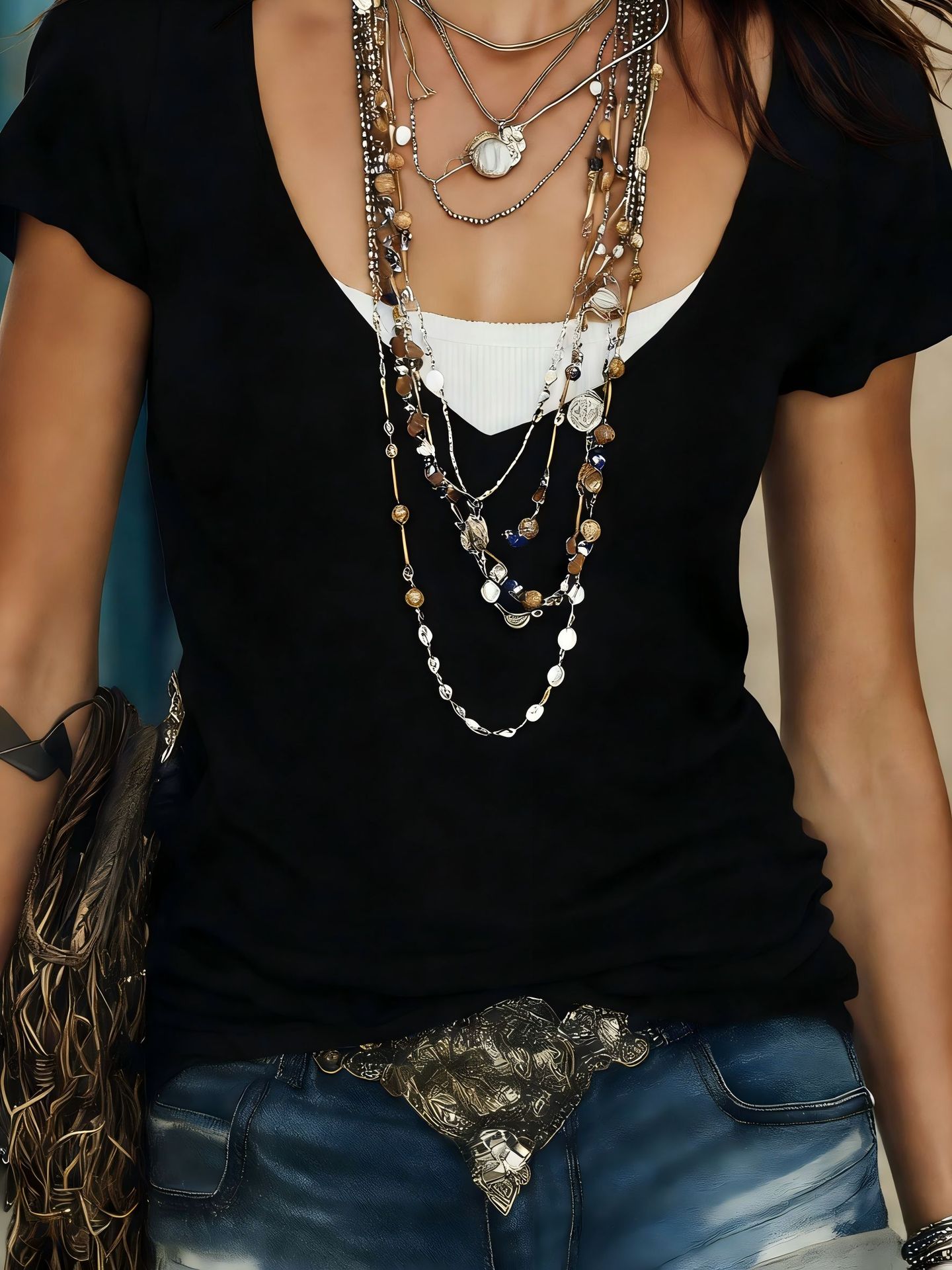Women's Casual Fashion Solid Color Fake Two-Piece Short-Sleeve T-Shirt