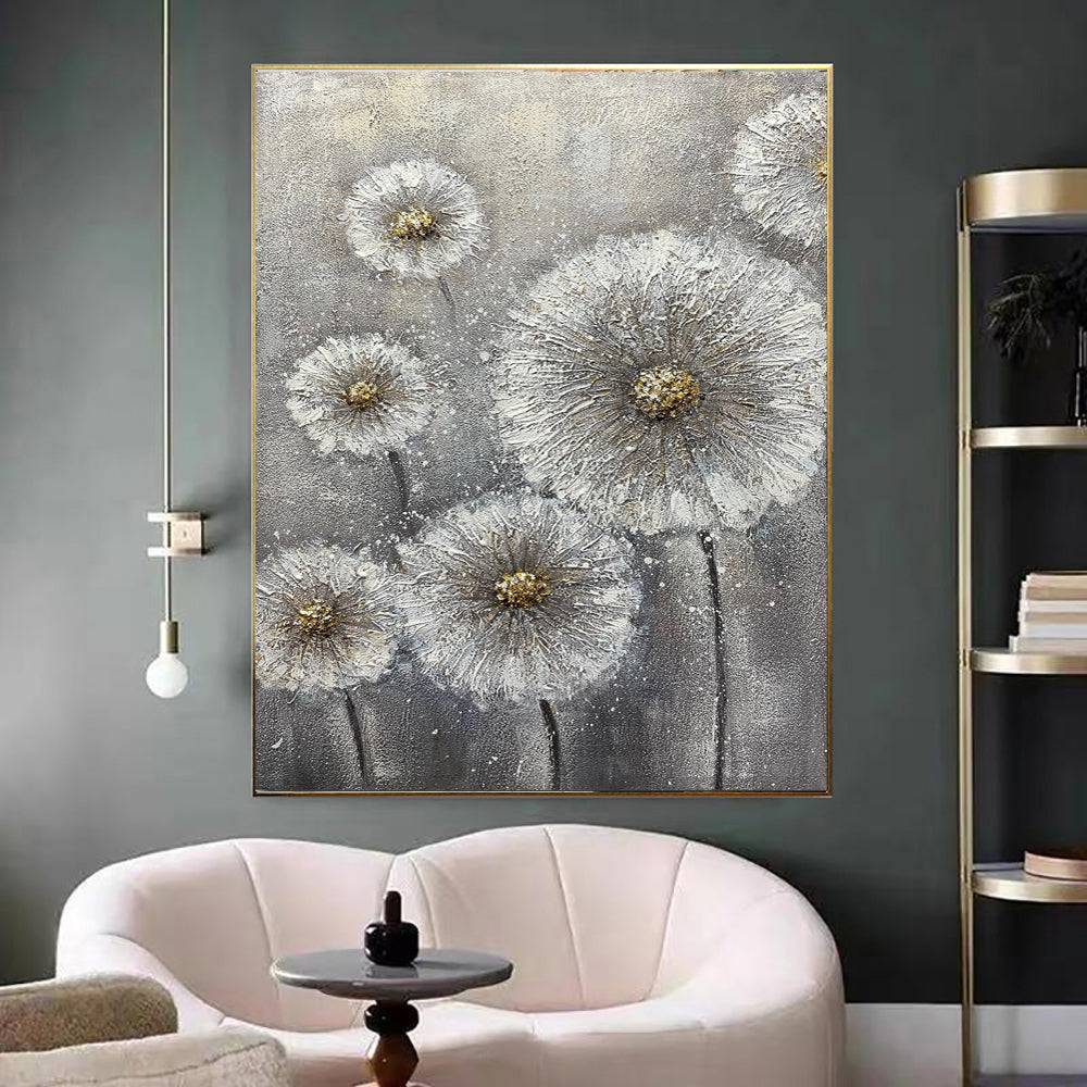 Real Handmade Texture White Flower Plant Grey Canvas Oil Paintings Large Wall Art Picture For Home Decor Painting Gift Artwork