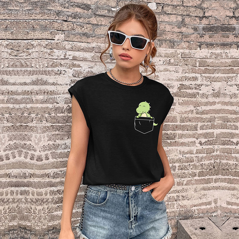 Summer European And American Style Tank Top Crew Neck Solid Color Womens T-shirt