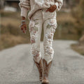 Womens Colorful Floral Faux Denim Pants