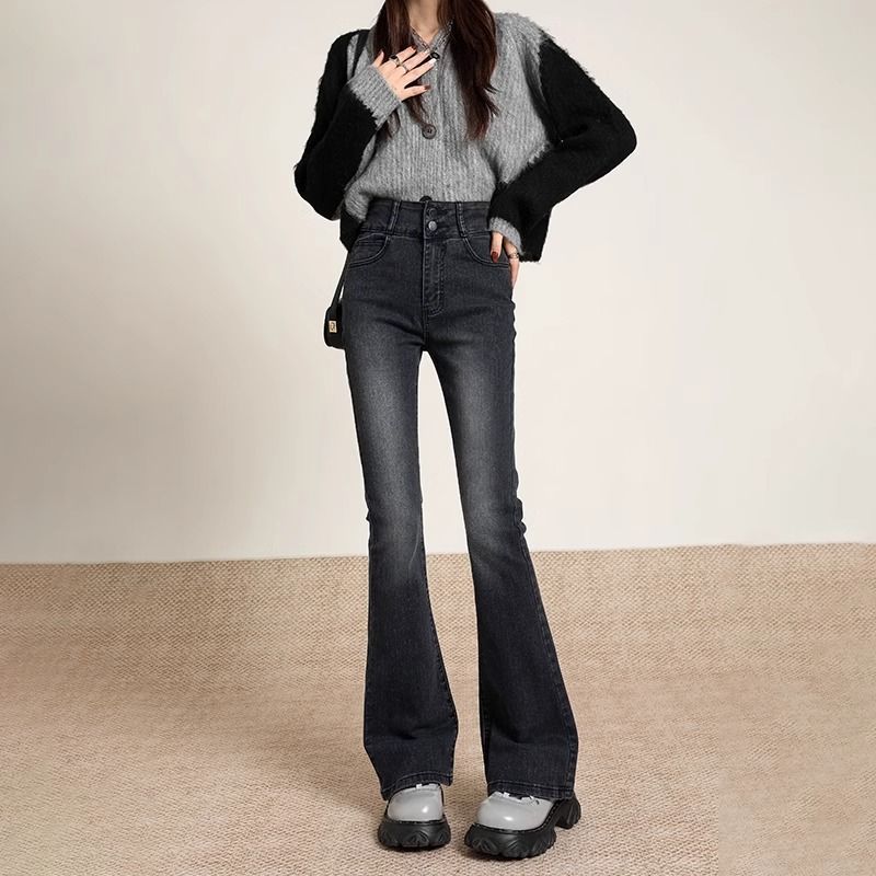 Black-gray Brushed Bootcut Skinny Jeans