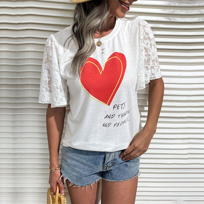 Women's Lace Crew-Neck Top With Heart Print