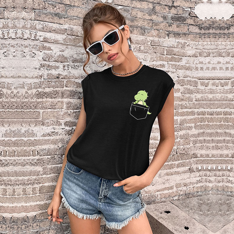 Summer European And American Style Tank Top Crew Neck Solid Color Womens T-shirt
