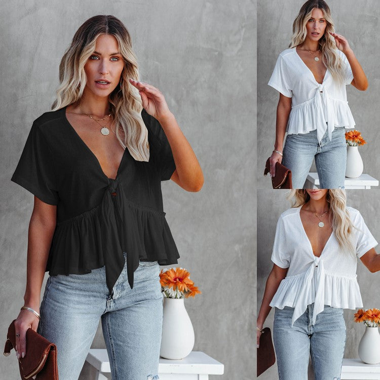 Solid-color Patchwork Loose-fit Short-sleeve Top With Tie Details And A Ruffled Hem