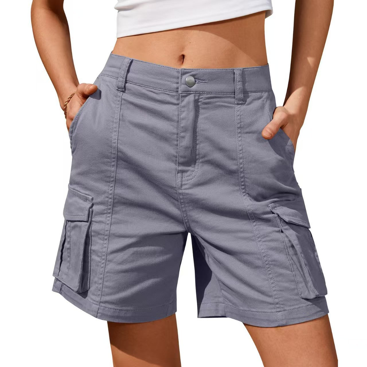 Womens Solid-Colored Casual Pants With Three-Dimensional Pockets And Buttons