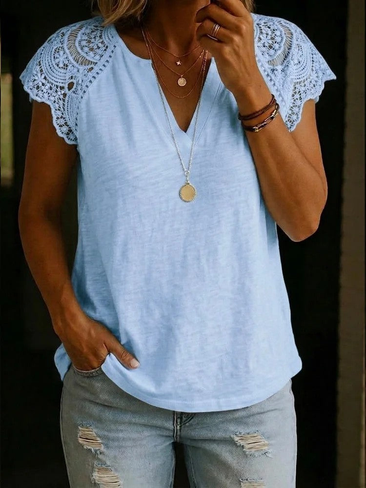 Women's Casual Lace-Patchwork Cotton V-Neck Shirt
