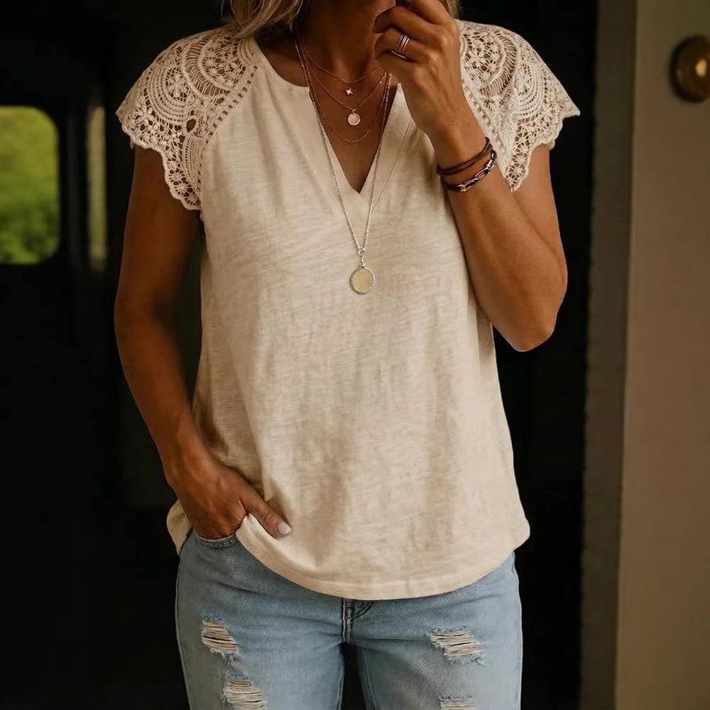Women's Casual Lace-Patchwork Cotton V-Neck Shirt