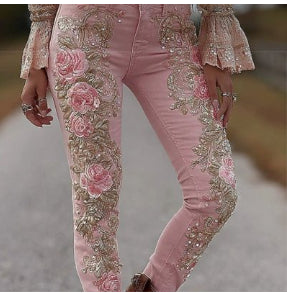 Womens Colorful Floral Faux Denim Pants