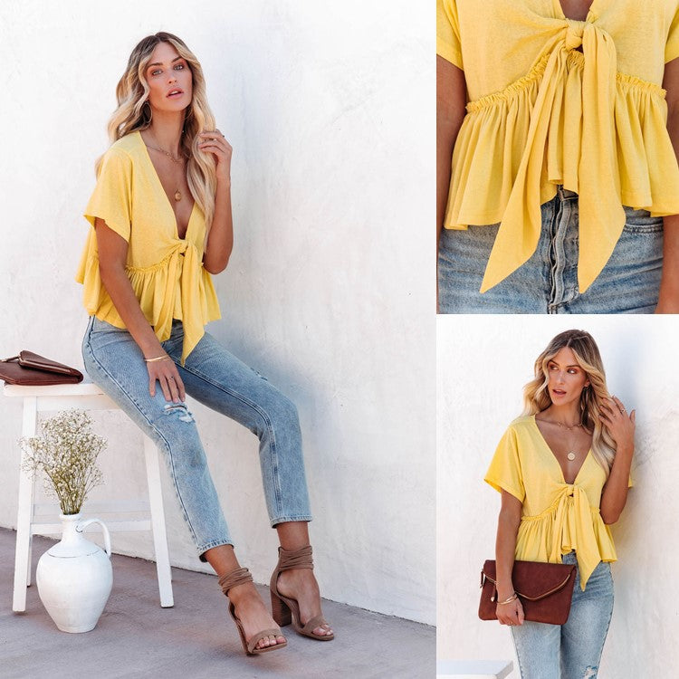 Solid-color Patchwork Loose-fit Short-sleeve Top With Tie Details And A Ruffled Hem