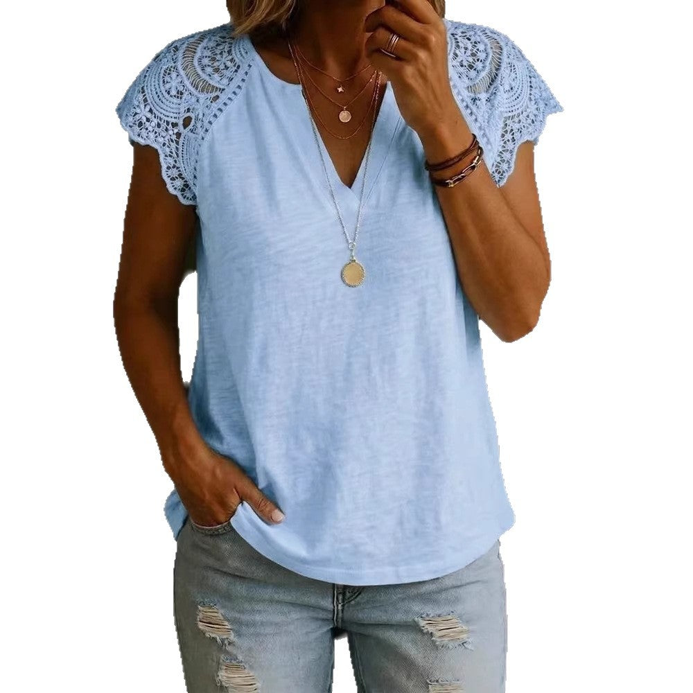 Women's Casual Lace-Patchwork Cotton V-Neck Shirt