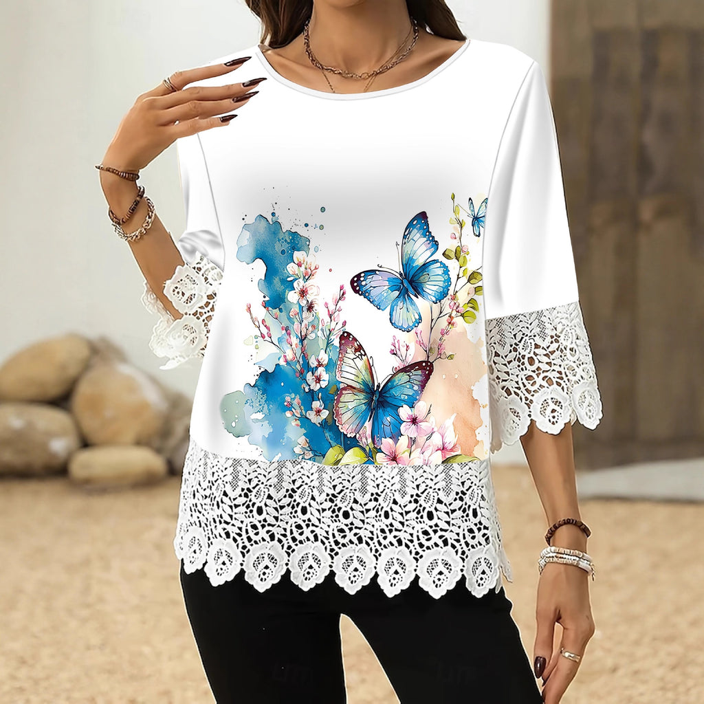 Lace-printed Three-quarter-sleeve T-shirt Top For Women